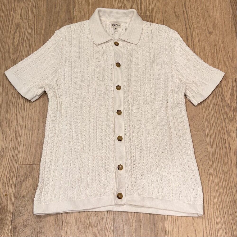 J Crew Cable Knit Short Sleeve Sweater Polo Cotton White Mens Medium CG330
